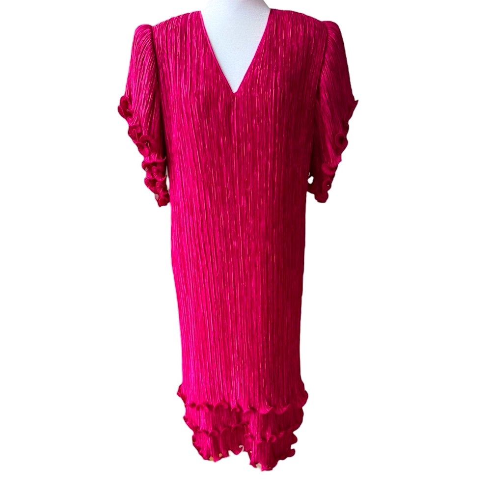 Vintage 80s Aram Hot Pink Plisse V Neck Ruffle Sleeve Bottom Prom Formal Dress 4